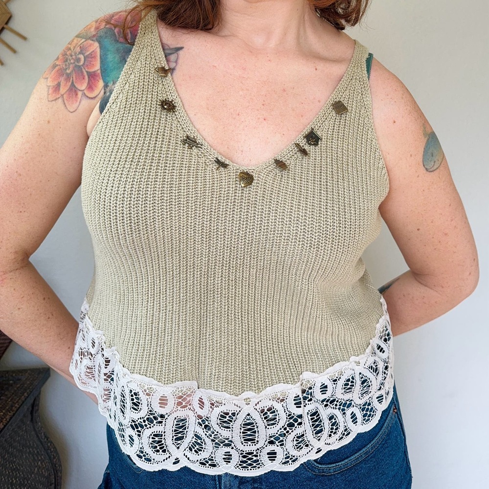 Vintage 90s Liz Claiborne tan knit sweater tank cotton garden charms lace sz M